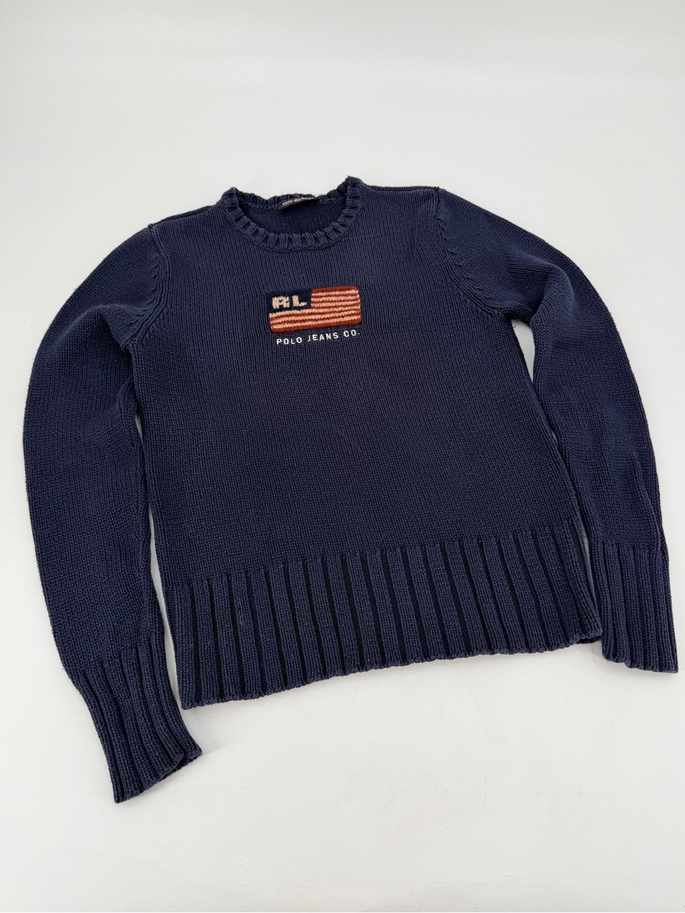 Vintage Polo Ralph Lauren American Flag Cotton Knit Sweater Women’s Small FLAWS